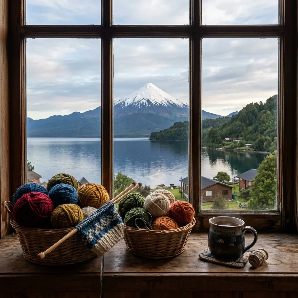 Vista del Volcán Osorno desde la ventana del taller con ovillos de lana