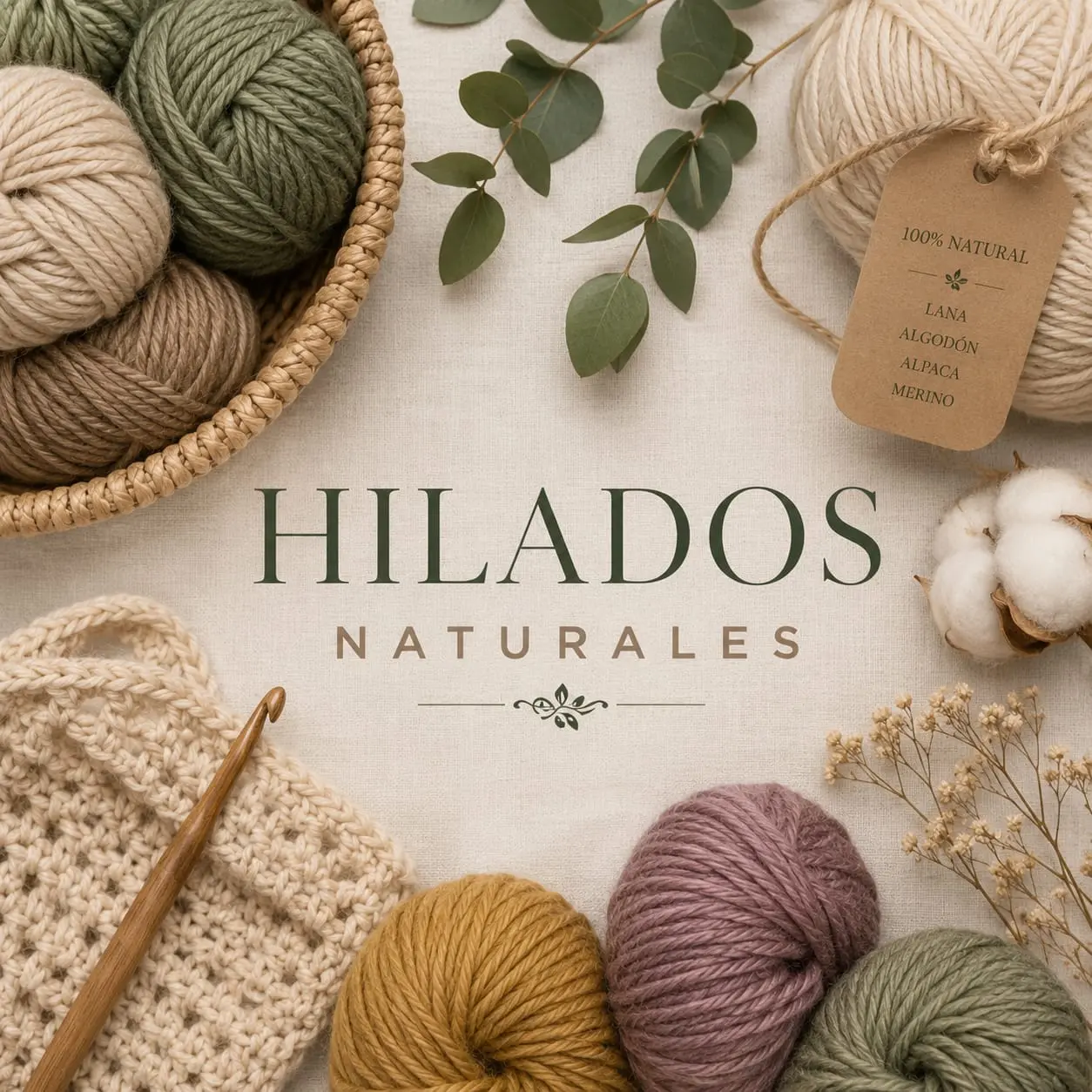 Cesta con ovillos de lana natural